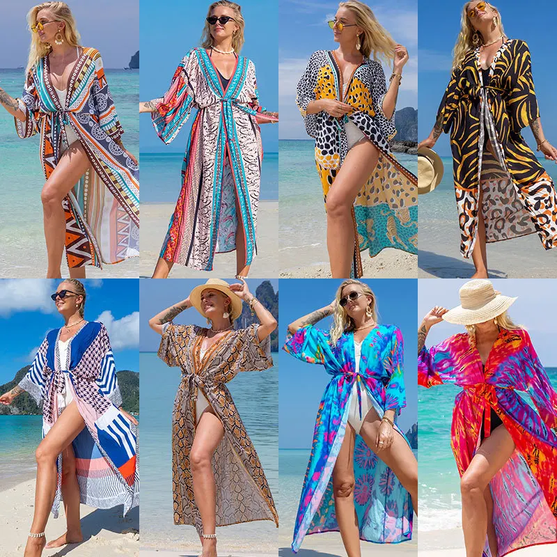 2022 Summer Women's New Rayon Printed Cardigan Beach Blouse Sun Protection Clothing Seaside Holiday Skirt