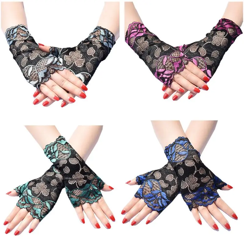 

Women Summer Thin Sunscreen Fingerless Gloves Hollow Jacquard Floral Lace Contrast Color Dance Party Driving Mittens