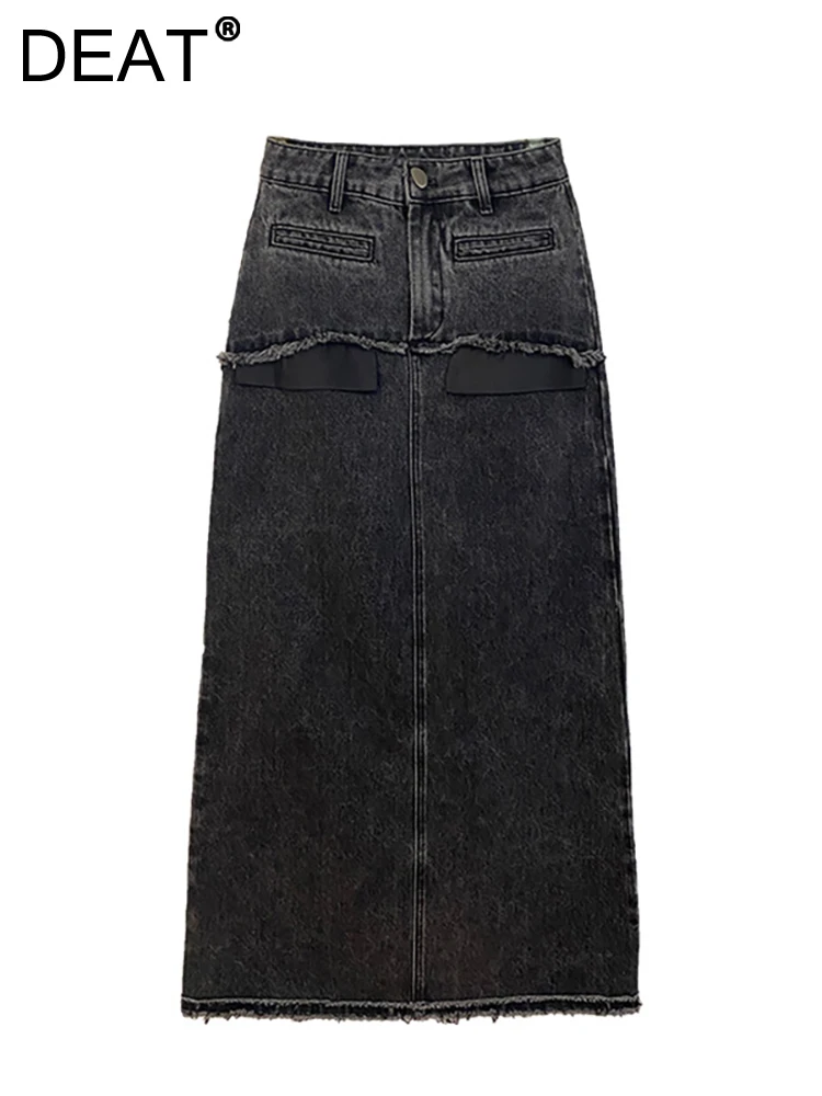 

Женская джинсовая юбка DEAT, черная юбка с высокой талией, с карманами и разрезами, осень 2023