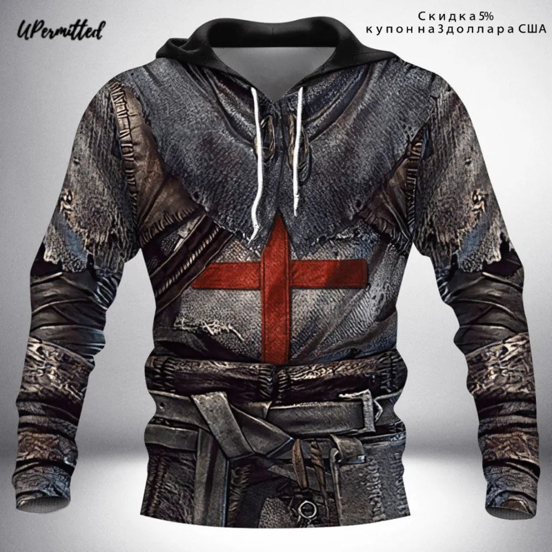 

2022 Spring Autumn Men Vintage Hoodies Casual 3D Print Mid Century Knight Man Hooded Sweatshirts Pullover Fashion Streetwear