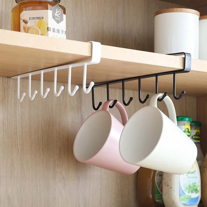 

1pc 6 Hooks Metal Under Shelf Mug Cup Cupboard Kitchen Storage Organizer Hanging Rack Holder for Bathroom Kitchen Organizer