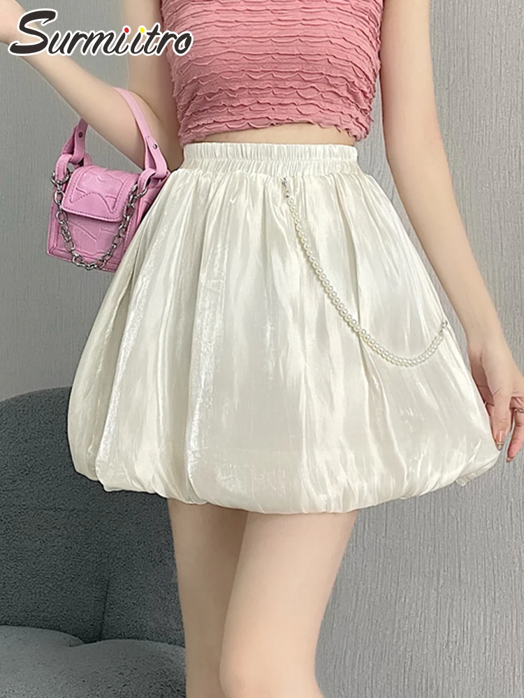 

SURMIITRO 2022 Summer Korean Fashion White Mini Tutu Skirt Women With Pearl Beading High Elasic Waist A Line Short Skirt Female