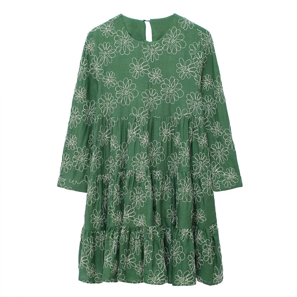 

ZATRHMBM 2022 spring and summer new women's mid-length round neck embroidered long-sleeved ladies dress