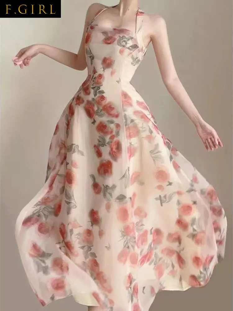 

Summer Dresses Women 2023 Sexy Sleeveless Floral Midi Dress Woman French Elegant Even Party Dress Office Lady Casual Fashion Dre