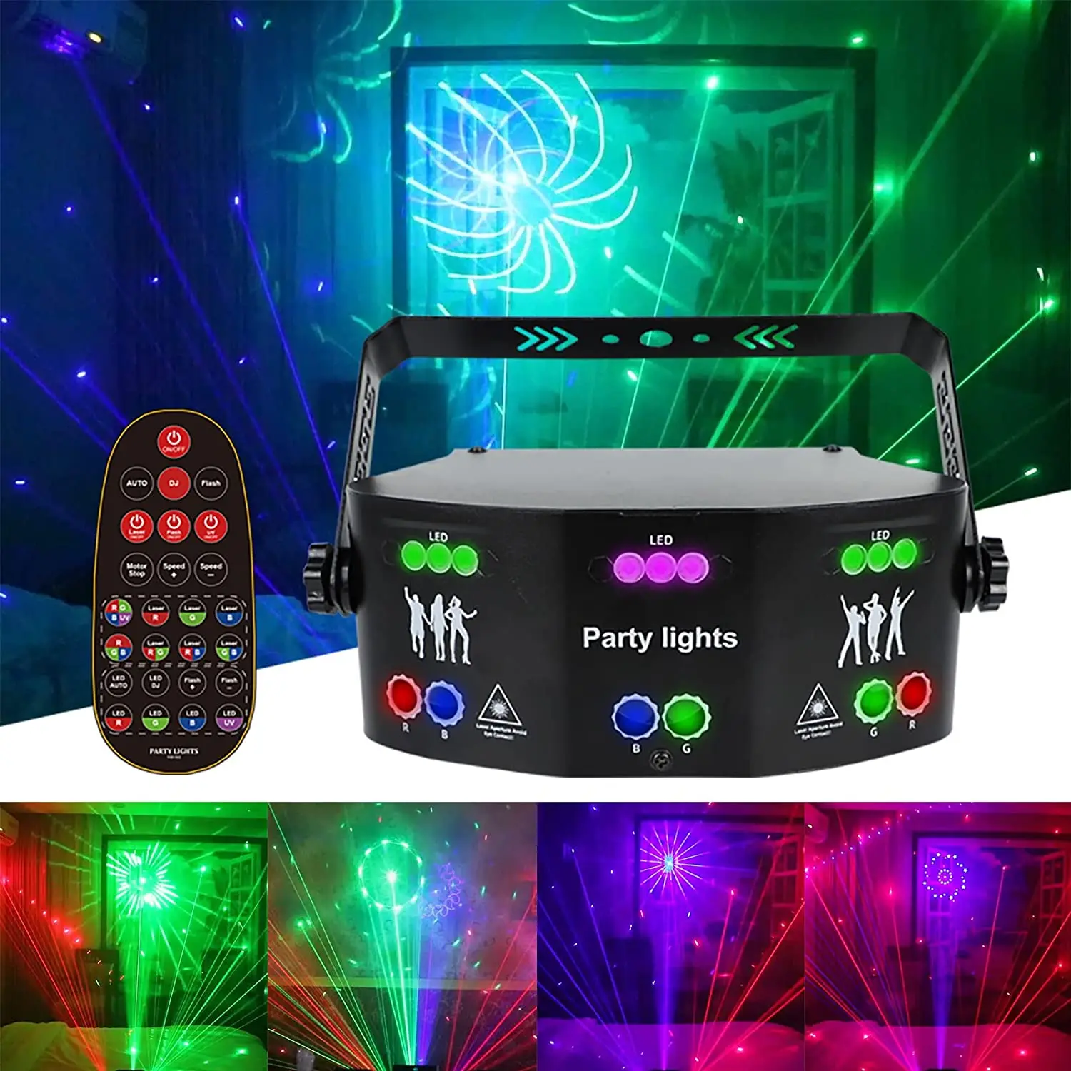 15 Lens Party Lights DJ Disco RGBW UV Strobe Lamp Effect LED Projector Sound Activated Ravelight Remote Control