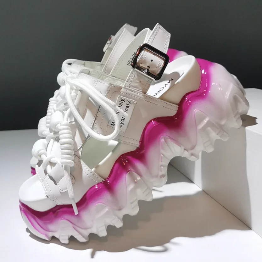 Koovan Women Sandals 2023 New Real Leather Increased Contrast Color Jelly Sponge Thick Bottom Leisure Shoes Sandals Female Girls