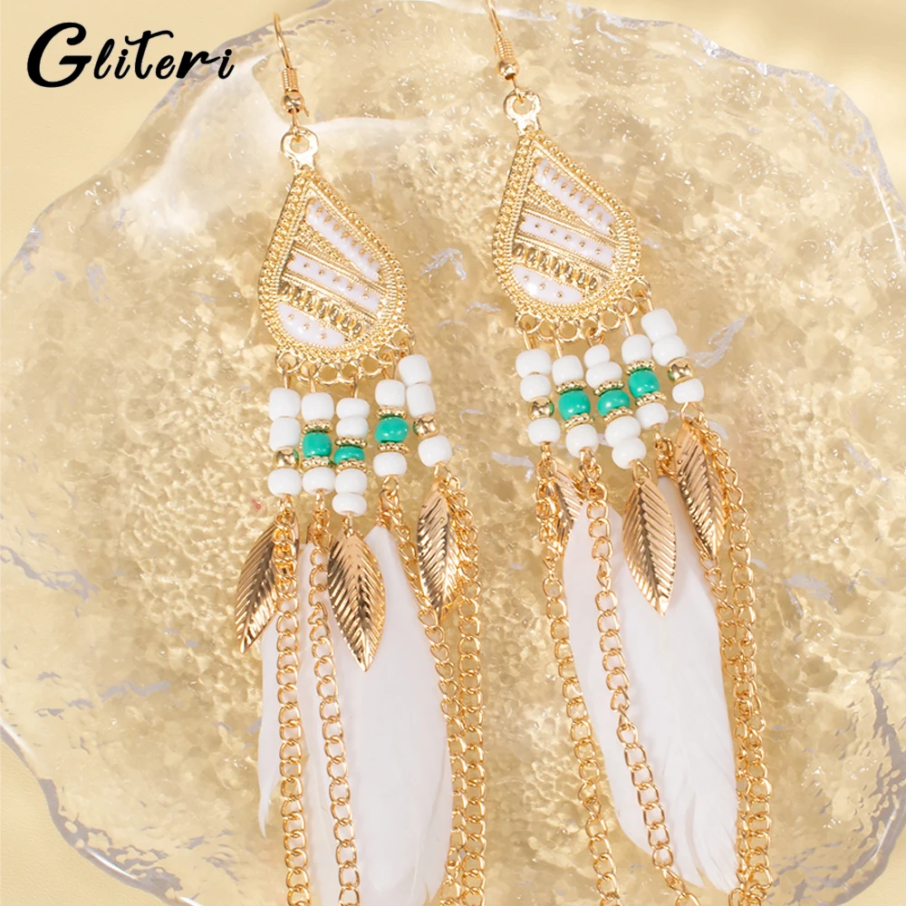GEITERI Bohemia Water Drop Feather Tassels Earrings For Women Girls Classic Gold Color Beads Drop Earring Jewelry Party Gifts