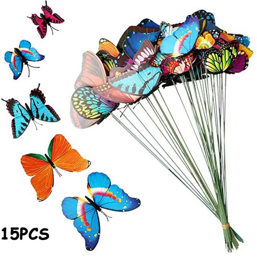 

15PCS Colorful Yard Bonsai Ornaments Flowerpot Garden Decor Artificial Butterfly with Rods Simulation Color Fake Butterflies
