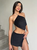 sexy black halter backless elegant crop top mini skirt 2 piece sets women 2022 summer party club co ord sets street outfits