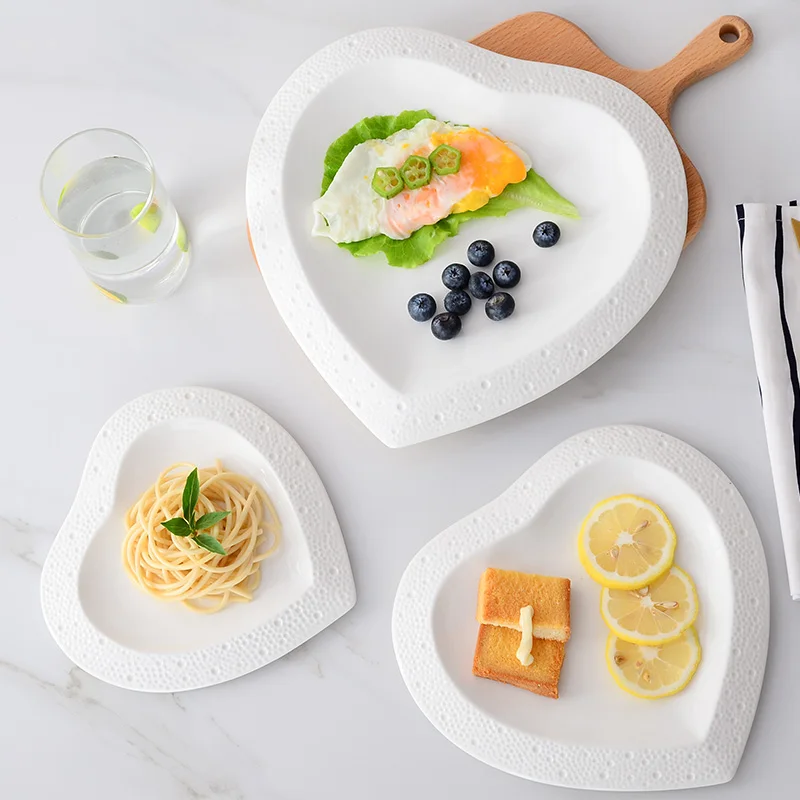 3pcs Set, Plain White Embossed Porcelain Dinner Plate Sets, Stone Design, Wedding Heart Serving Dish, Dinnerware Ceramic Dishes