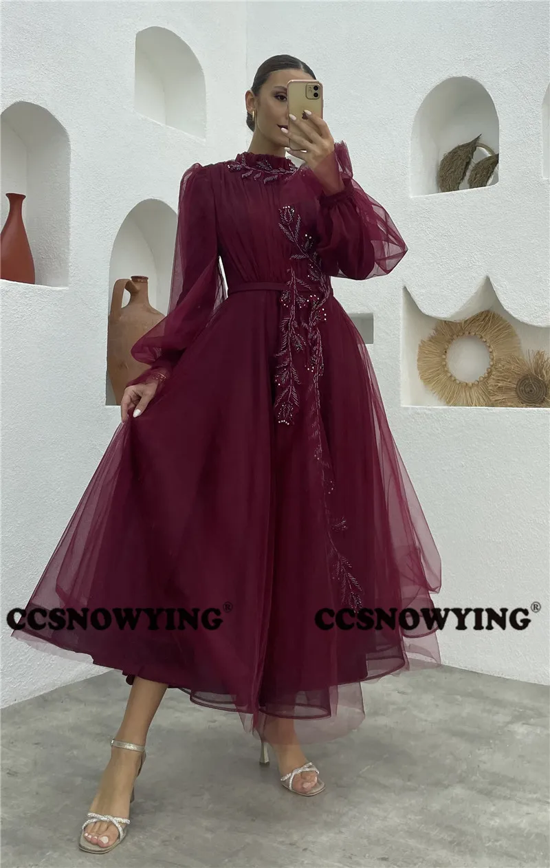 

Женское вечернее платье до середины икры, Тюлевое платье с длинными рукавами, аппликацией и круглым вырезом, бальное платье для выпускного вечера