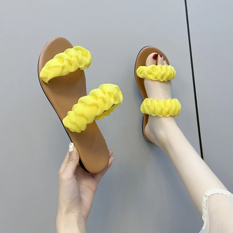 

Женские плетеные тапочки, новинка 2023, модная фиолетовая нескользящая обувь с открытым носком на плоской подошве, летние уличные повседневные пляжные шлепанцы