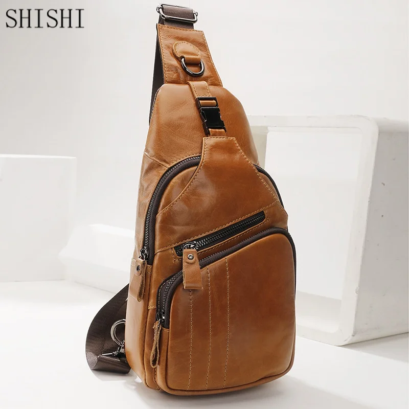 Luxury Men Genuine Leather Chest Bag Messenger Bag Men Outdoor Business Travel Crossbody Bag Man Chest Pack Sling Shoulder Bag
