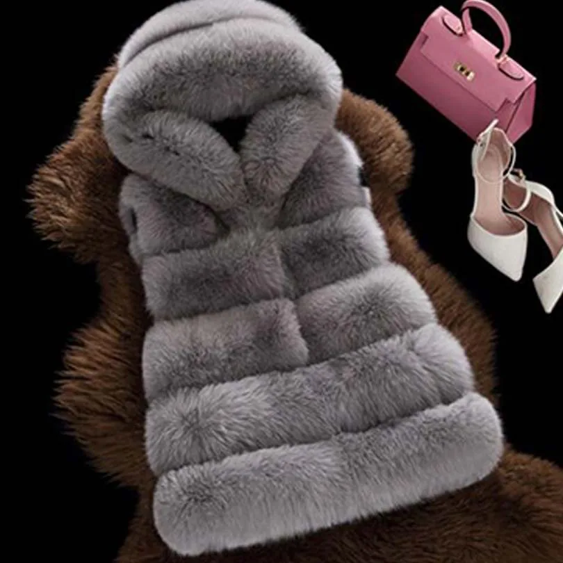 Winter Faux Fur Hooded Vest Women Warm Medium-Long Elegant Solid Color Fur Coat Artificial Fox Fur Large Size Jacket Gray Pink