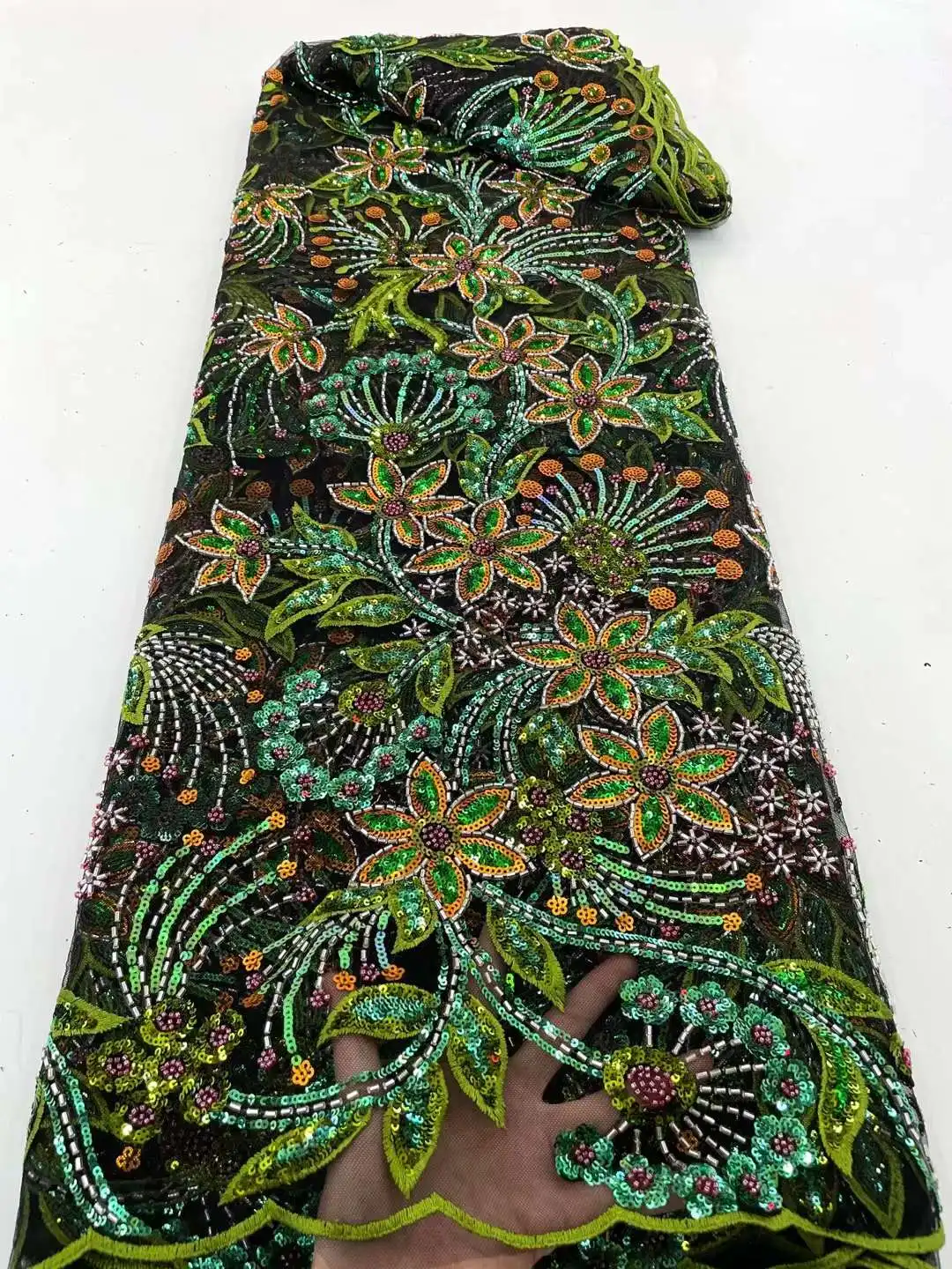 

2022 Африканское Новое поступление, зеленая Высококачественная Роскошная бисерная Кружевная Ткань 5 ярдов, Тюль ручной работы, блестящая тка...