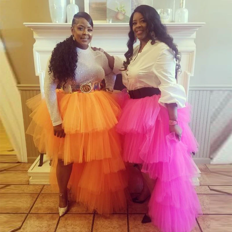 

Фатиновые юбки для маленьких сестер, уличная мода, длинная юбка с оборками в несколько рядов, оранжевая вечерние ская вечерняя юбка макси с высоким и низким вырезом, розовая фатиновая юбка