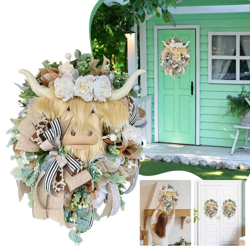 

Artificial Flower Highland Cow Shape Silk Flower Wreaths Home Door Decoration Wall Art Garland Pendants Window Hanging Ornaments