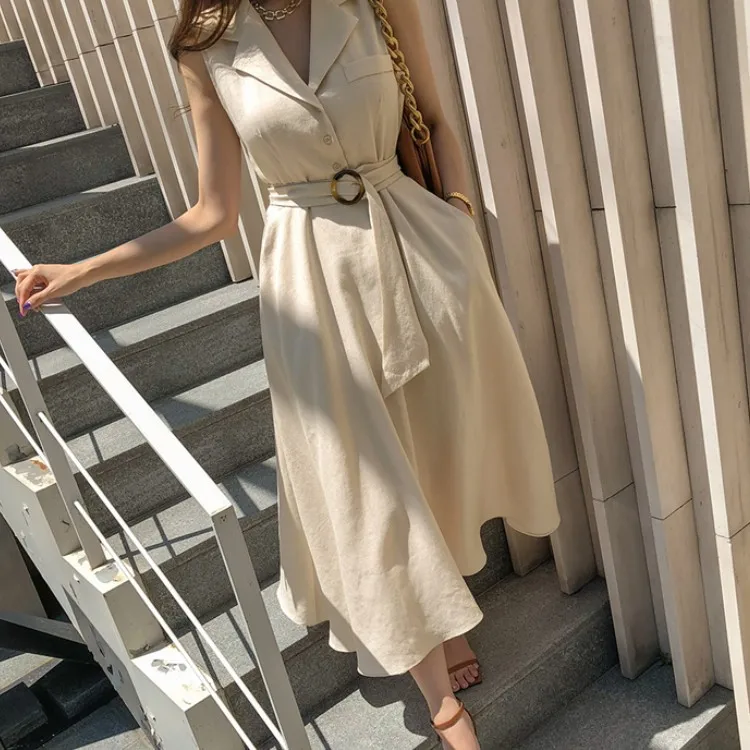 

Элегантное однобортное женское платье миди с отложным воротником без рукавов повседневное приталенное винтажное платье-рубашка с поясом ж...