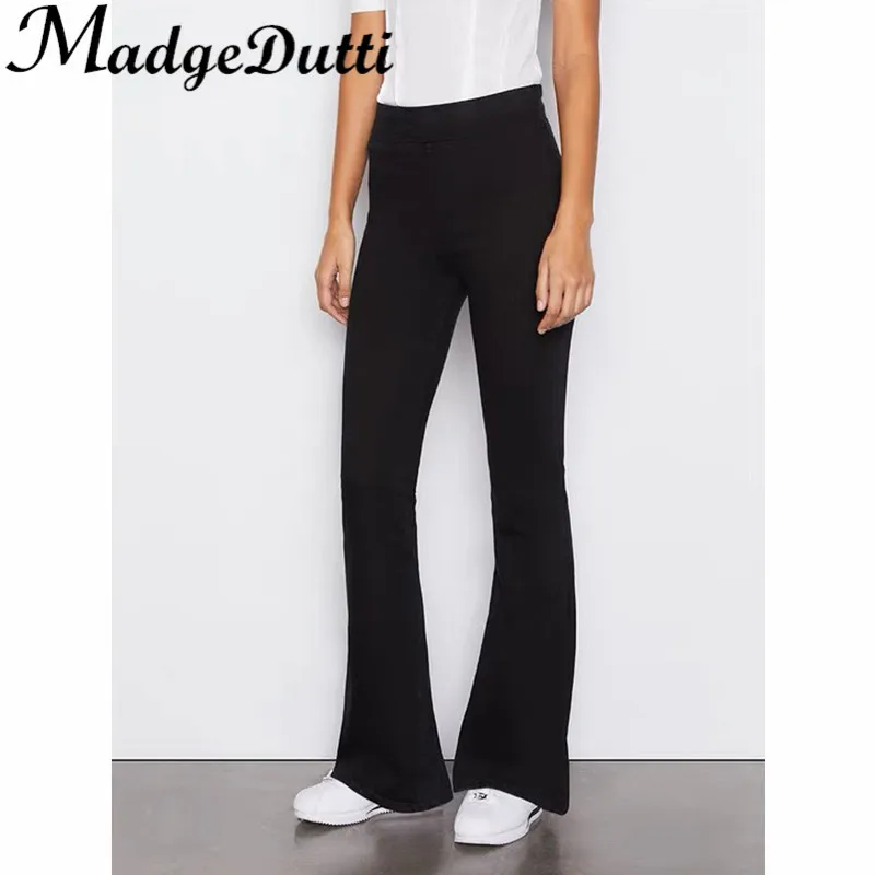 12.1 MadgeDutti Vintage High Waist Stretch Soft Comfortable Black Flare Pants Women
