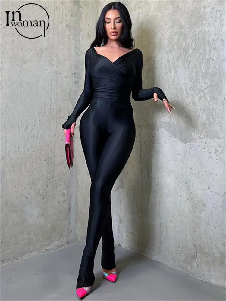 

Inwoman Summer Sexy 2 Two Piece Set Women Outfits 2022 Long Sleeve Crop Top Bodycon Pants Black Party Matching Sets Female