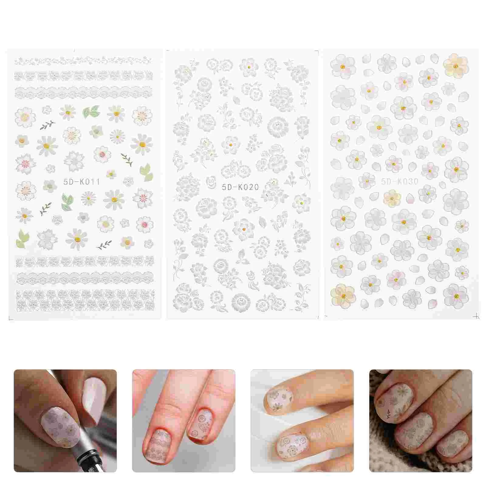 

3 листа рельефных цветов, наклейки для ногтей, Переводные картинки, аксессуары для украшения ногтей