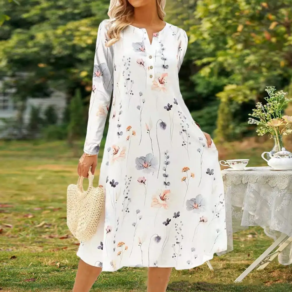 

Женское весеннее платье с цветочным принтом, элегантное миди-платье-трапеция с V-образным вырезом, декоративный мягкий пуловер на пуговицах для осени, весны, вечеринок, свиданий, цветов