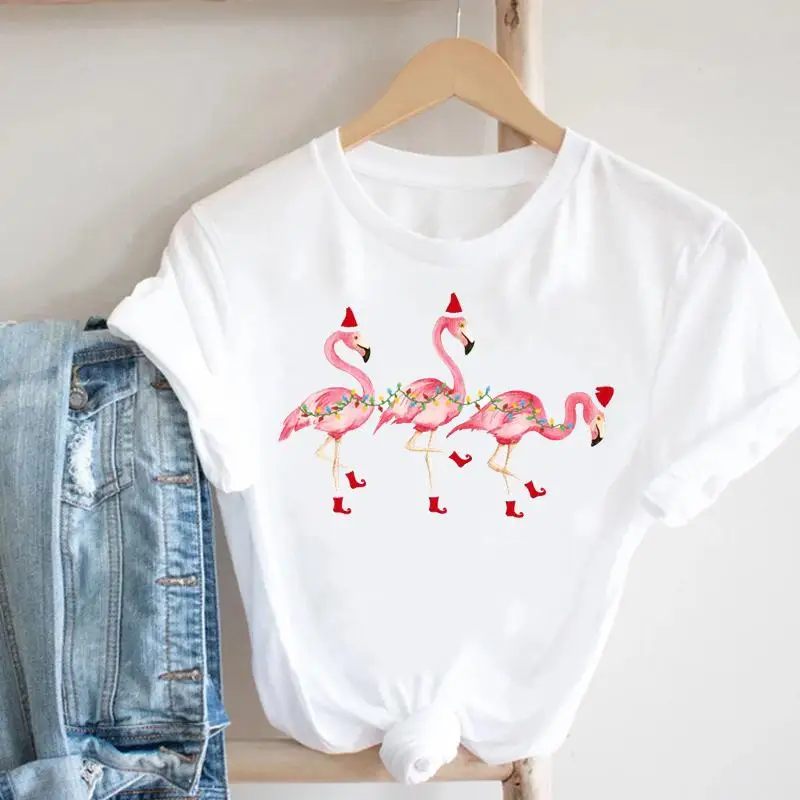 

Women Holiday Merry Christmas Flamingo Animal New Year T Tee Fashion Pretty Nice Print Tshirt Top Cartoon Graphic T-shirt