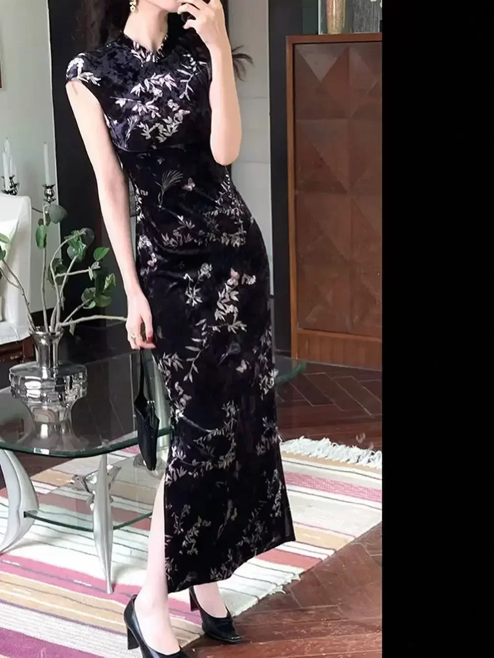 Улучшенное модное черное платье Ципао в корейском стиле банкетное вечернее