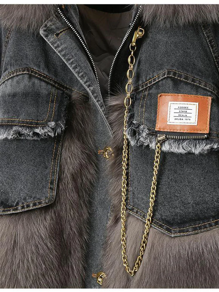 Winter -30 ℃ Fur Denim Jacket Single Breasted Streetwear Loose Parka Women Oversize Harajuku Coat Cowboy Oversize Loose Coat