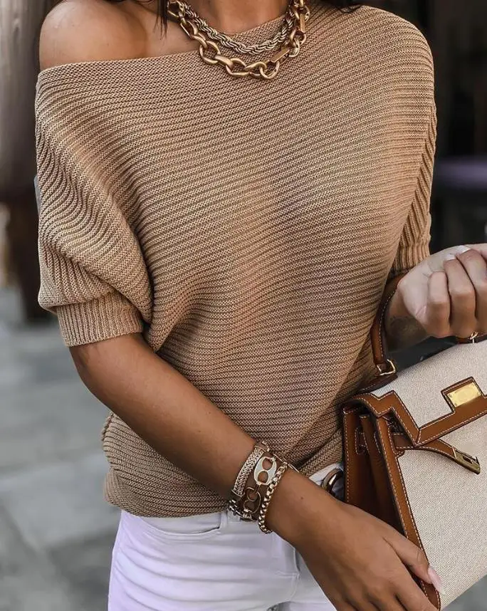 

Повседневные свитера для женщин, модный весенний Однотонный свитер в рубчик с рукавом до локтя, новинка 2023, универсальные Топы