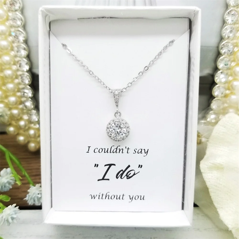

Silver Wedding Round Halo Cubic Zirconia Necklace , bridesmaid Necklace Gift