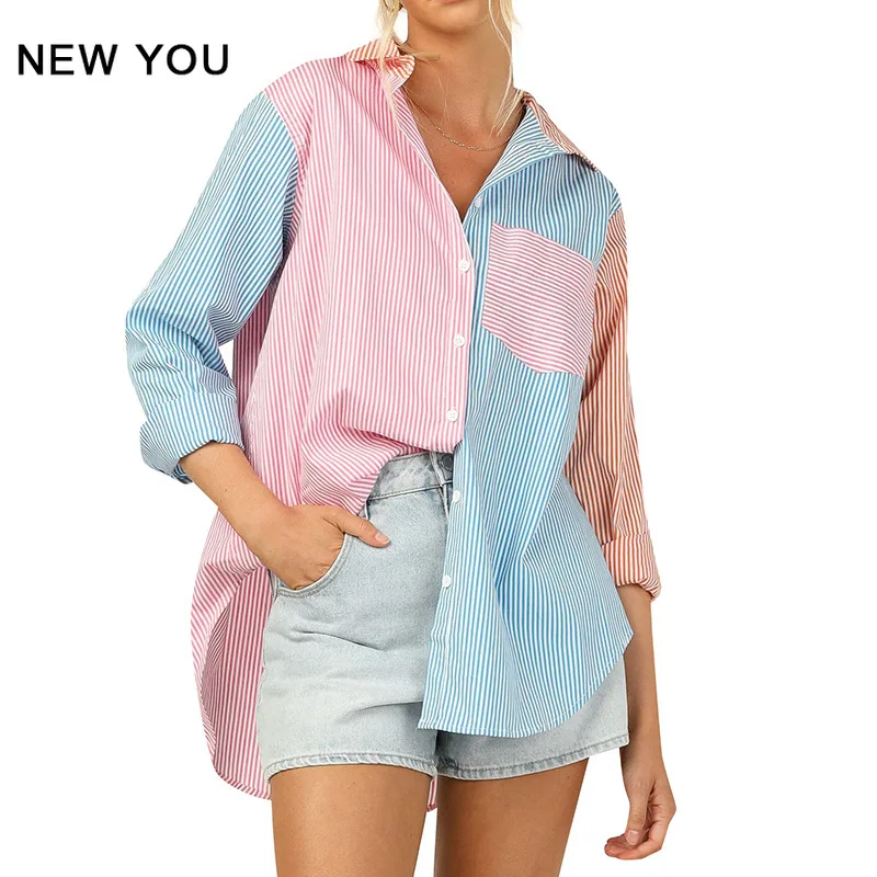 

Women Spring 2022 Fashion Simple Design Top Long Sleeve Office Blouse Stripe Printed Summer Button T Shirt Female Commute Shirts
