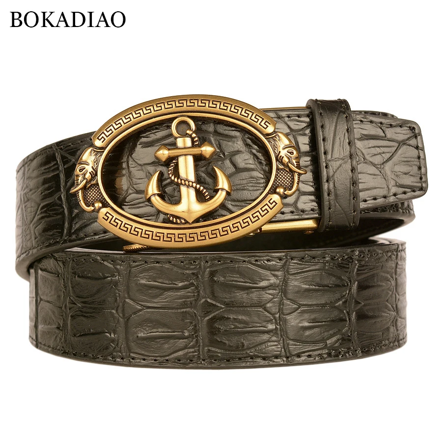 BOKADIAO Men Genuine Leather Belt Luxury Gold Navy Metal Automatic Buckle Cowhide Belts for Men Jeans Waistband Male Strap Black