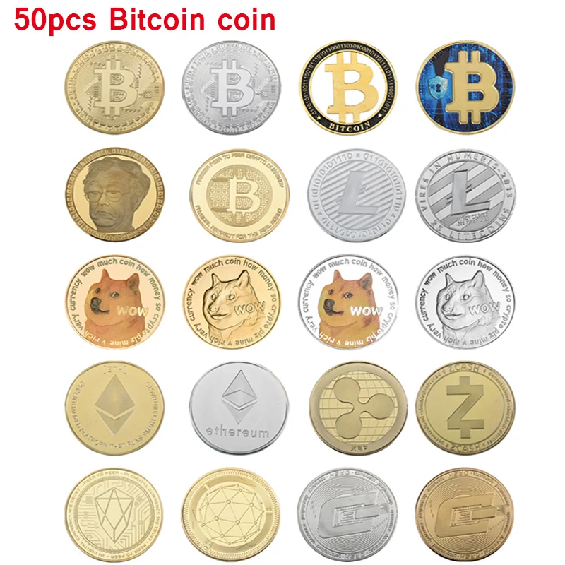 

50Pcs/lot Bitcoin Gold Plated BTC Bit Coin Litecoin Ripple Ethereum Dogecoin Coins Cryptocurrency Metal Coin Crypto Sovenir Gift