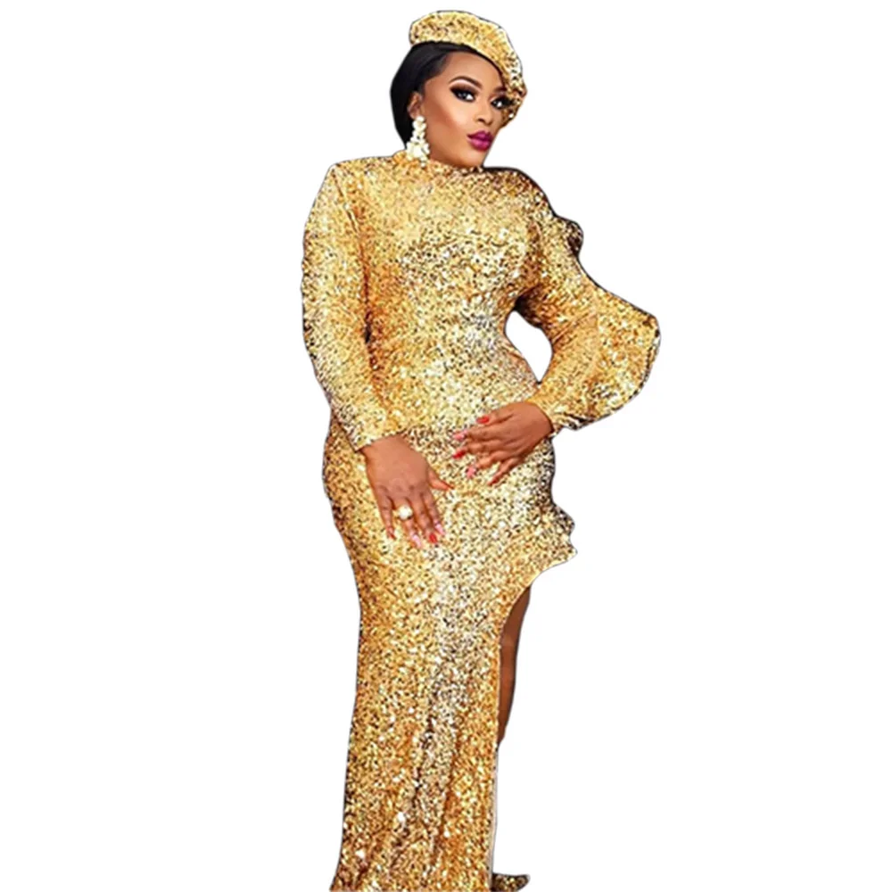 Plus Size Women Evening Party Dresses Women Gold Sequined Long Dress With Cap Elastic Sequined Long Sleeve Elegant Dress
