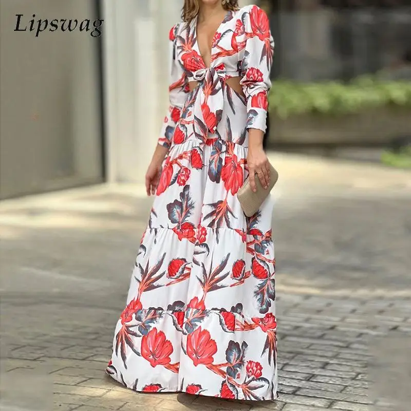 

Fashion Floral Print Long Sleeve Dress Women Sexy V-neck Lace Up Hollow Out Party Dress Office Lady Elegant Long Sleeve Dresses