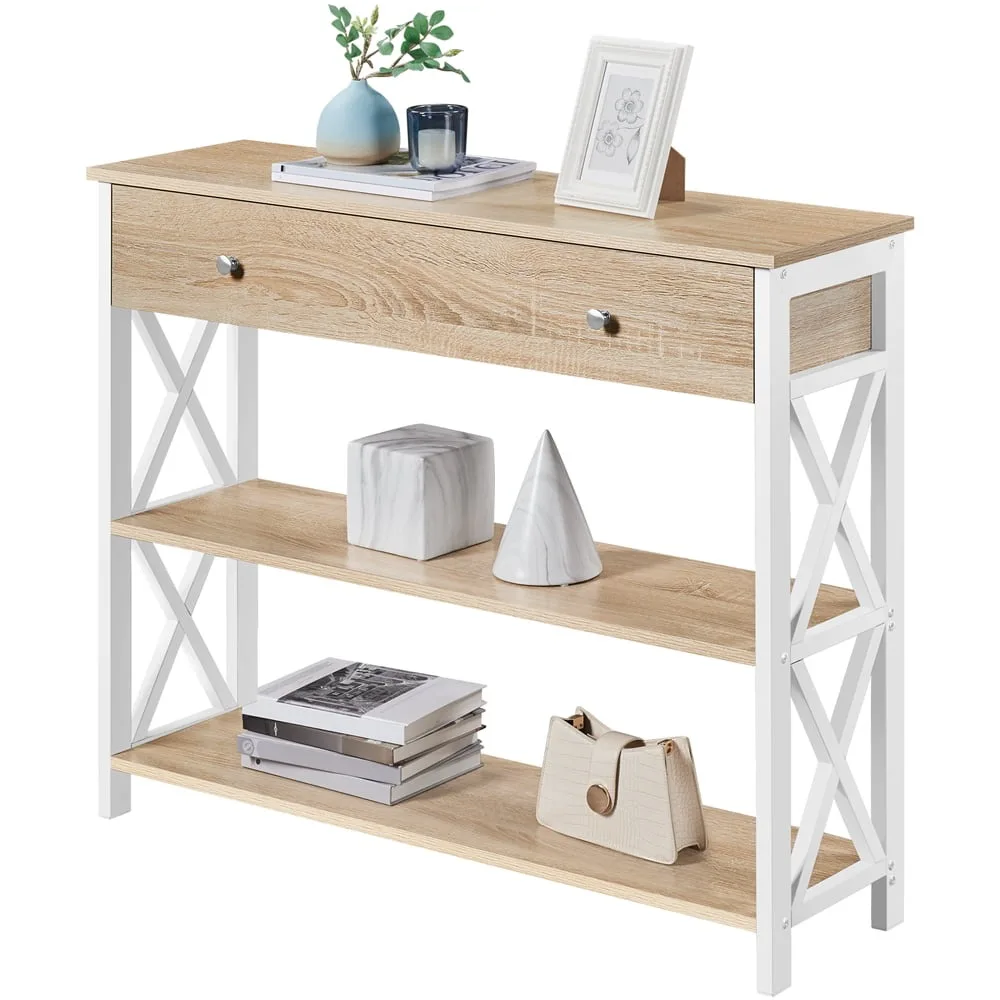 

Alden Design Wood and Iron Console Table 1 Drawer & 2 Shelves, Light Oak with White Frame