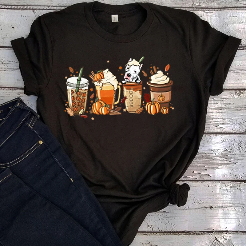 

Осенняя кофейная рубашка с собакой, милая Осенняя футболка, кофейные рубашки для влюбленных собак, футболки с тыквой, латте, чашкой для напи...