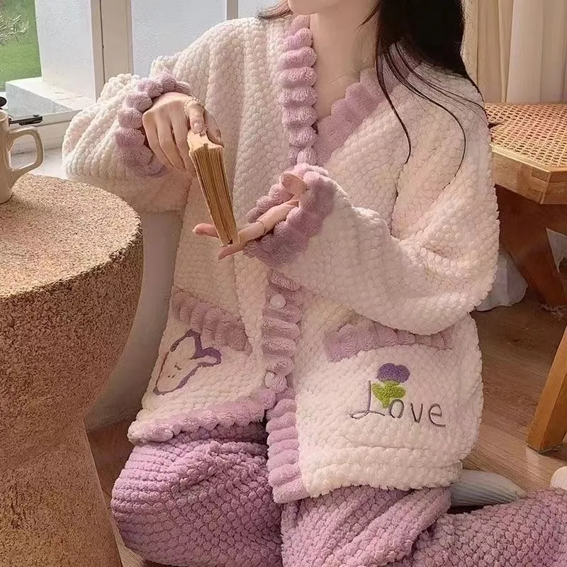Коралловые бархатные пижамы женские осень/зима 2024 новый флисовый утепленный