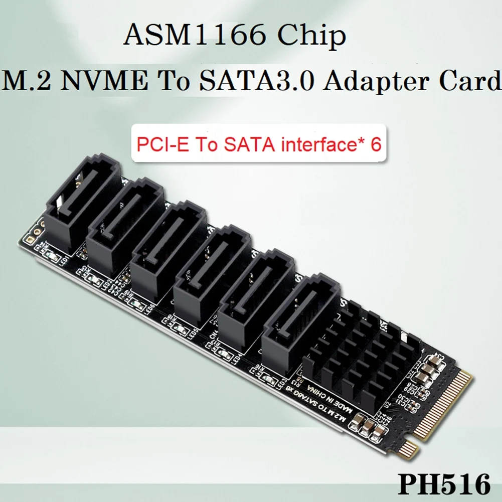 

Плата расширения M.2 MKEY PCI-E, плата расширения M.2 NVME на SATA3.0 PCIE на SATA 6Gpbsx6-Port, ASM1166, поддержка функции PM
