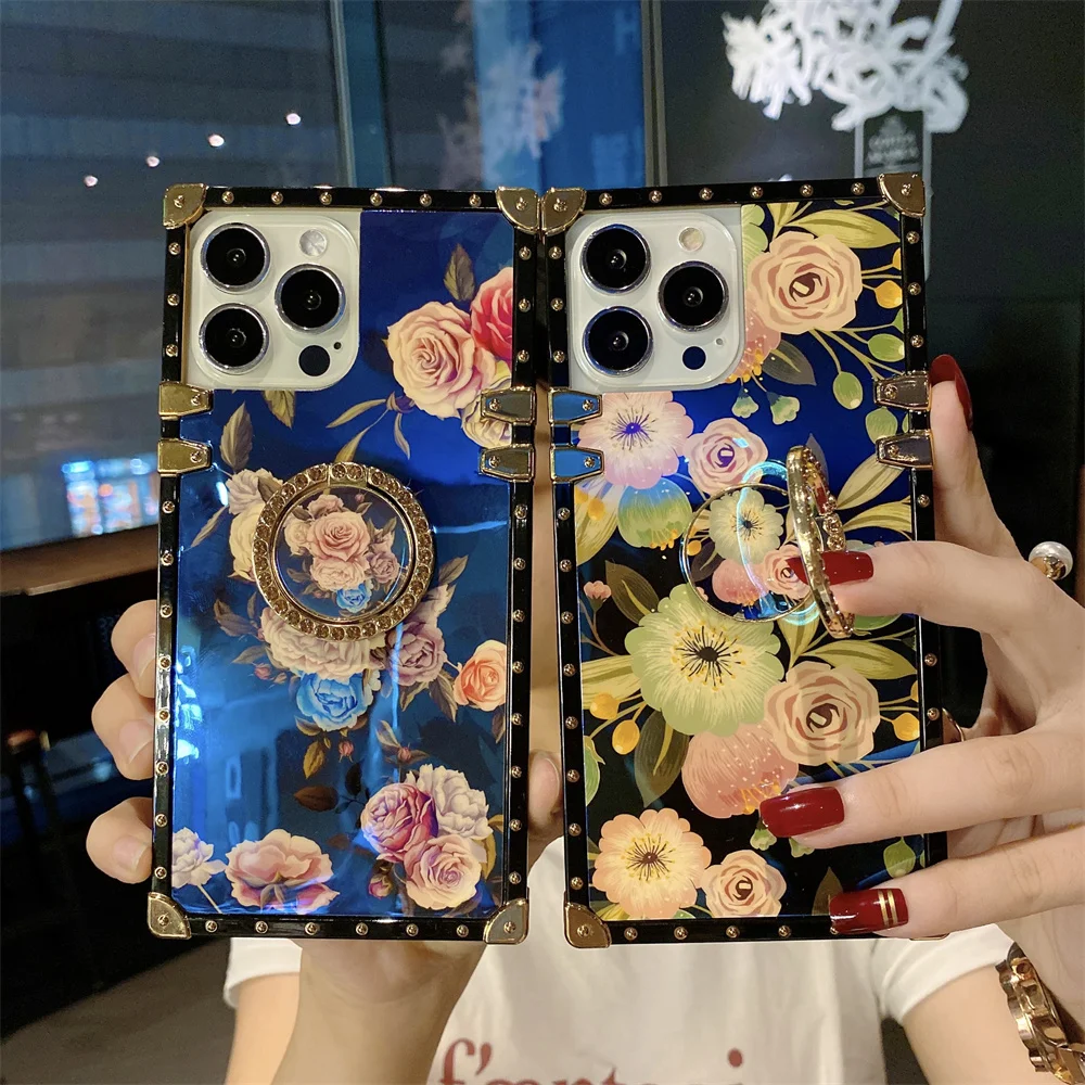 

Luxury Peony Flowers Pattern Blue Ray Glossy Case for iPhone 14 Pro Max 11 12 13 Pro 14 Plus Glitter Ring Stand Protective Cover