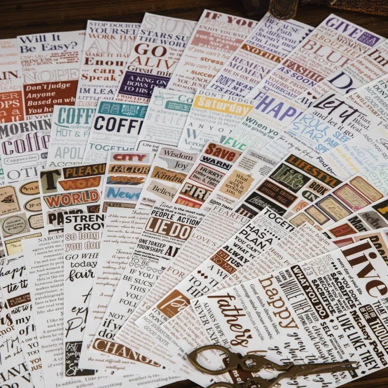 

20Sheets Sticker English Character Newspaper Series Black white text copy handbook Children Dairy base Scrapbook 182*121mm