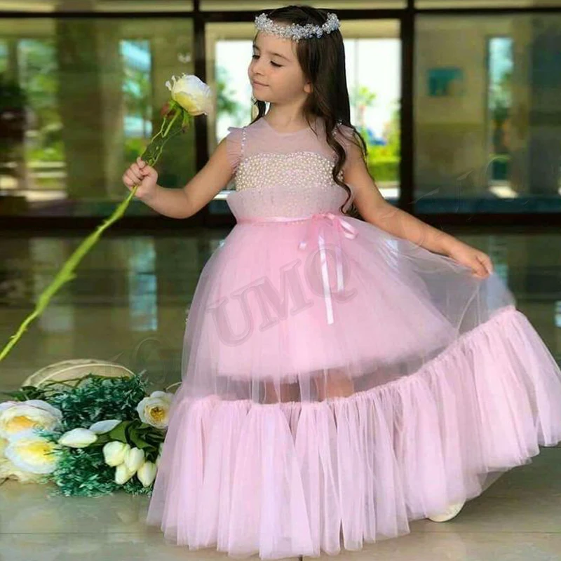 

Платье розовое с жемчужинами для девочек, милое цветочное для дня рождения, Многоярусное, для свадьбы, вечеринки, на заказ, для показа моды, первого причастия
