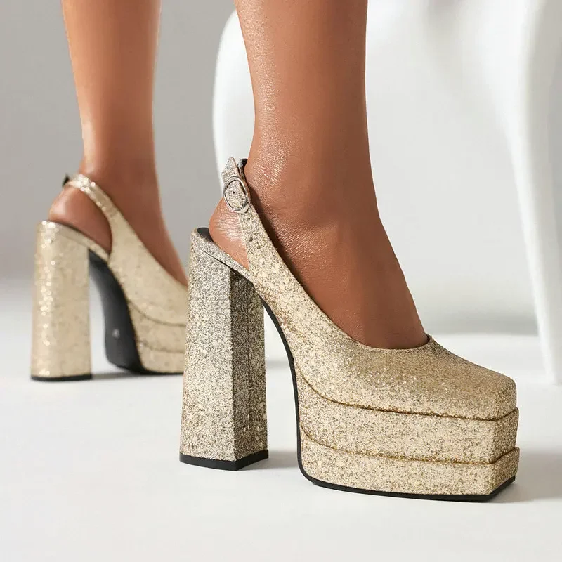 Женские блестящие туфли-лодочки с закрытым квадратным носком на высоком блочном