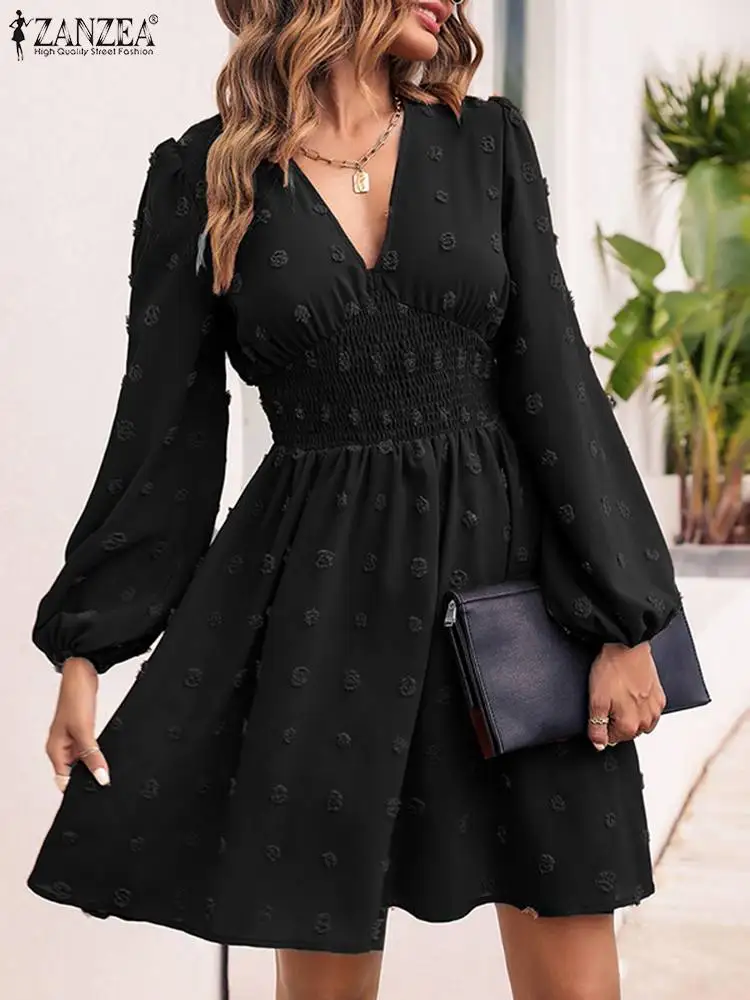 

ZANZEA Holiday Solid Mini Robe Women Party Sexy V Neck Dress 2022 Spring Summer Waist Vestidos Casual Beach Long Sleeve Dresses