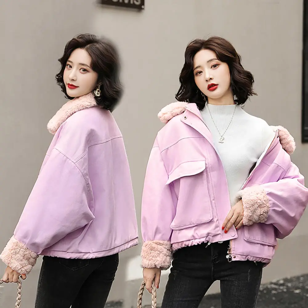 2023 Winter New Casual Women Short Parkas Warm Fur Spliced Long Sleeve Female Jacket Padded Cotton Jacket Coat Autumn Outerwear