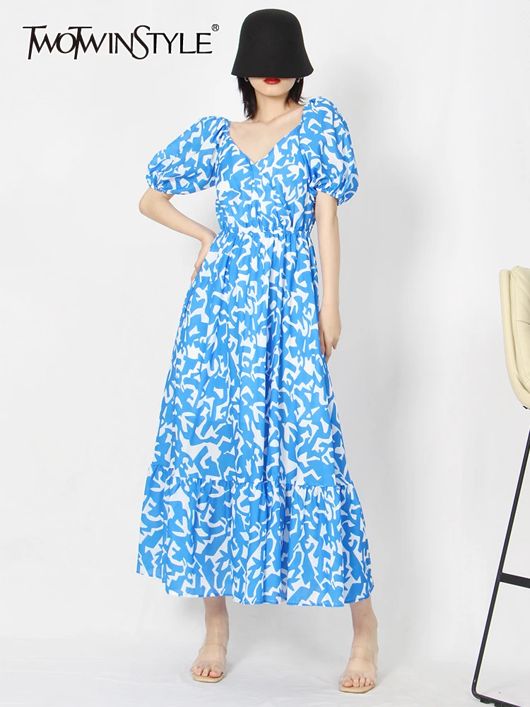 

TWOTWINSTYLE Summer Print Colorblock Dress For Women V Neck Short Sleeve High Waist Midi Dresses Female Fashion Clothes New 2022