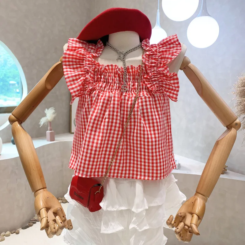 

Niche Design New Women Clothing 2022 Summer Pleated Square Neck Ruffle Lace Fly Sleeve Short Slim Plaid Shirt Top Blouses Female