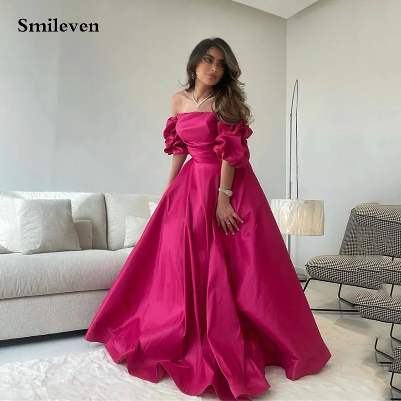 

Smileven, ярко-розовые вечерние платья а-силуэта, Саудовский, арабский, с пышными рукавами, платье для выпускного вечера, длиной до пола, официал...