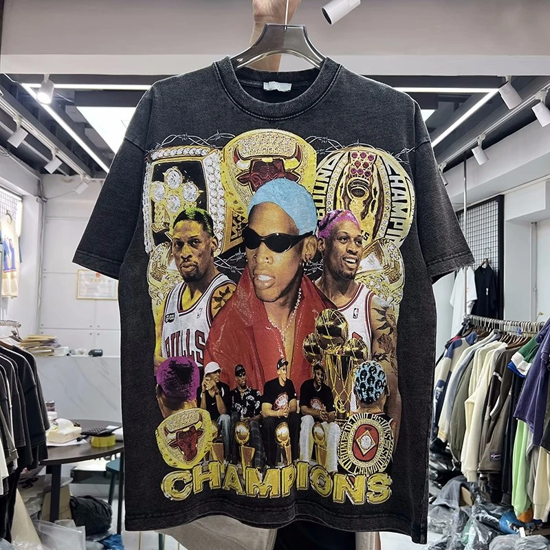 

New Nice Washed Heavy Fabric Rodman Print Hip Hop T-Shirt Men Women T Shirt Tops Tee gym